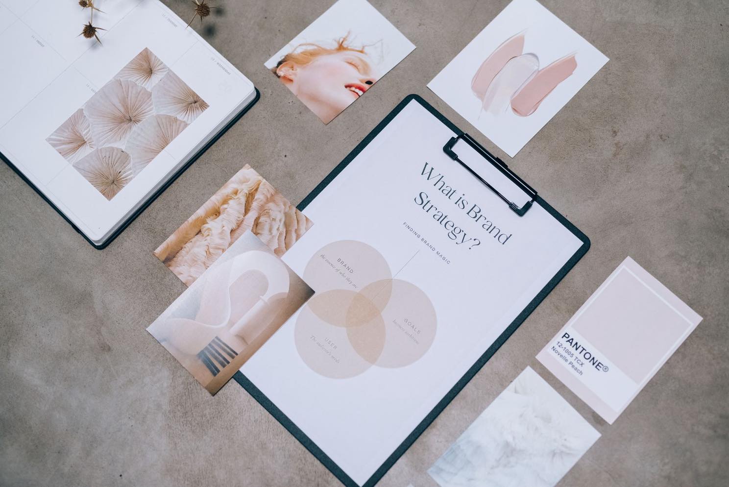 A brand strategy planning document reading 'What is Brand Strategy?' surrounded by color swatches and mood board materials